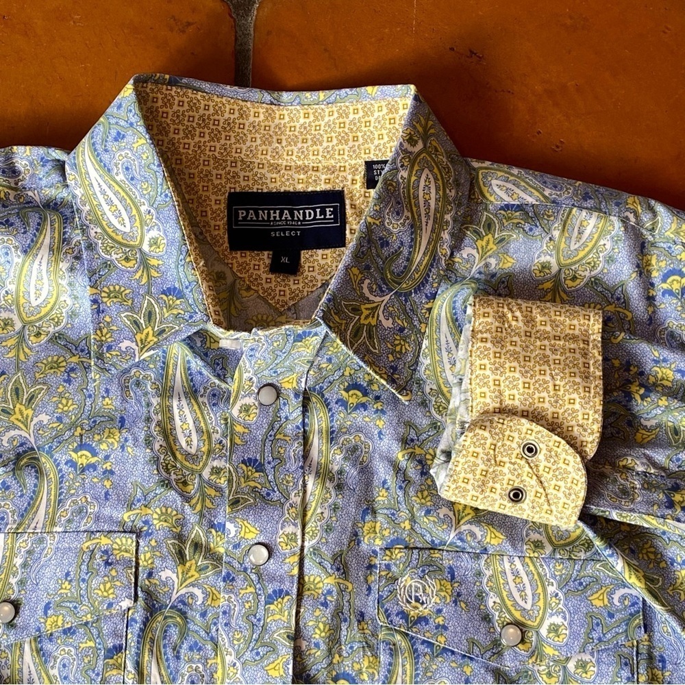 Panhandle Select Blue Paisley Contrast Cuff Pearl Snap Business shirt mens Sz XL - Picture 1 of 8